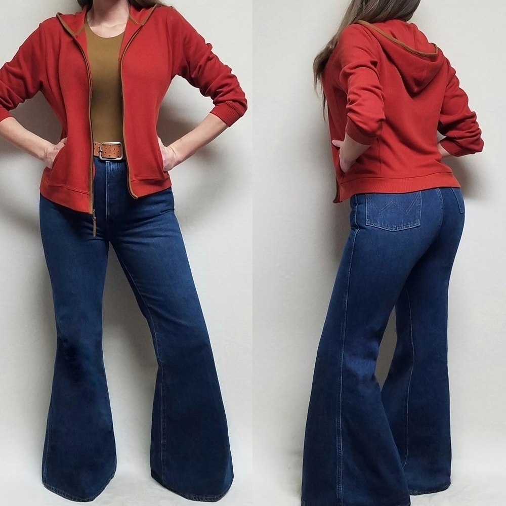 90s Vintage Bobbie Brooks Burnt Orange Ribbed Knit Faux Suede Trim Hoodie S